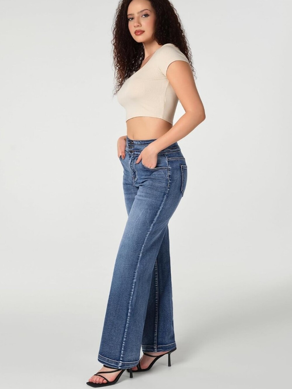 Roswear Women's Wide Leg Jeans Casual High Waisted Stretch Flare Denim XL